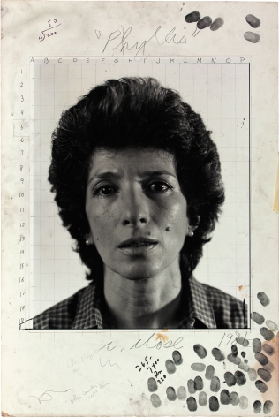Phyllis/maquette, 1981; gelatin silver print with graphite and ink mounted to&nbsp;board;&nbsp;image 20 x 16 inches, mounted 30 x 20 inches; signed, titled, and dated&nbsp;recto in pencil; &quot;maquette for Phyllis, 1984, pulp paper collage on canvas 92 x&nbsp;72&quot; inscribed verso in pencil; unique &copy; 2013 Chuck Close, courtesy Pace Gallery